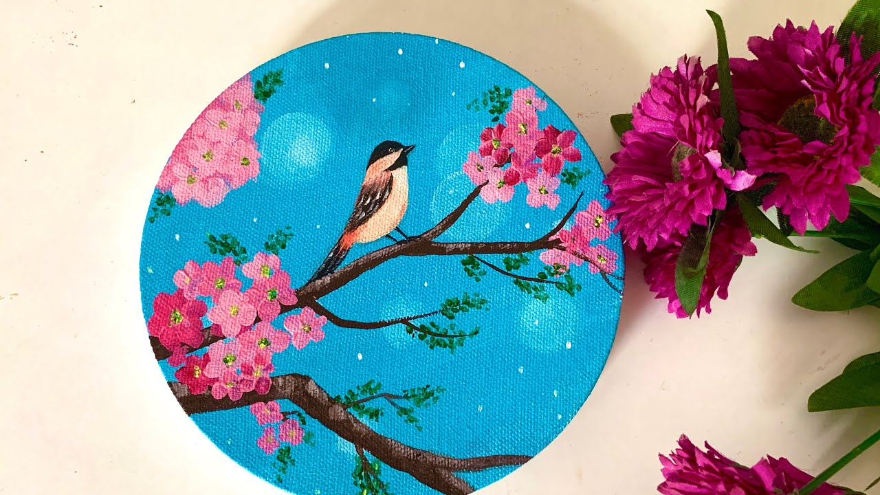 Easy Cherry Blossom Flowers Night Scenery Painting | Cherry Blossom ...