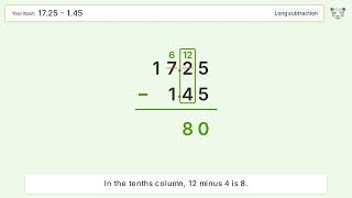 Long Subtraction Problem 17.25-1.45: Step-by-Step Video Solution