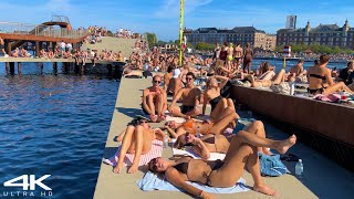 [4K] 🇩🇰 Copenhagen City Beach ☀️ Kalvebod Brygge Harbor Beach Walk, Swimming Season, Denmark 2023