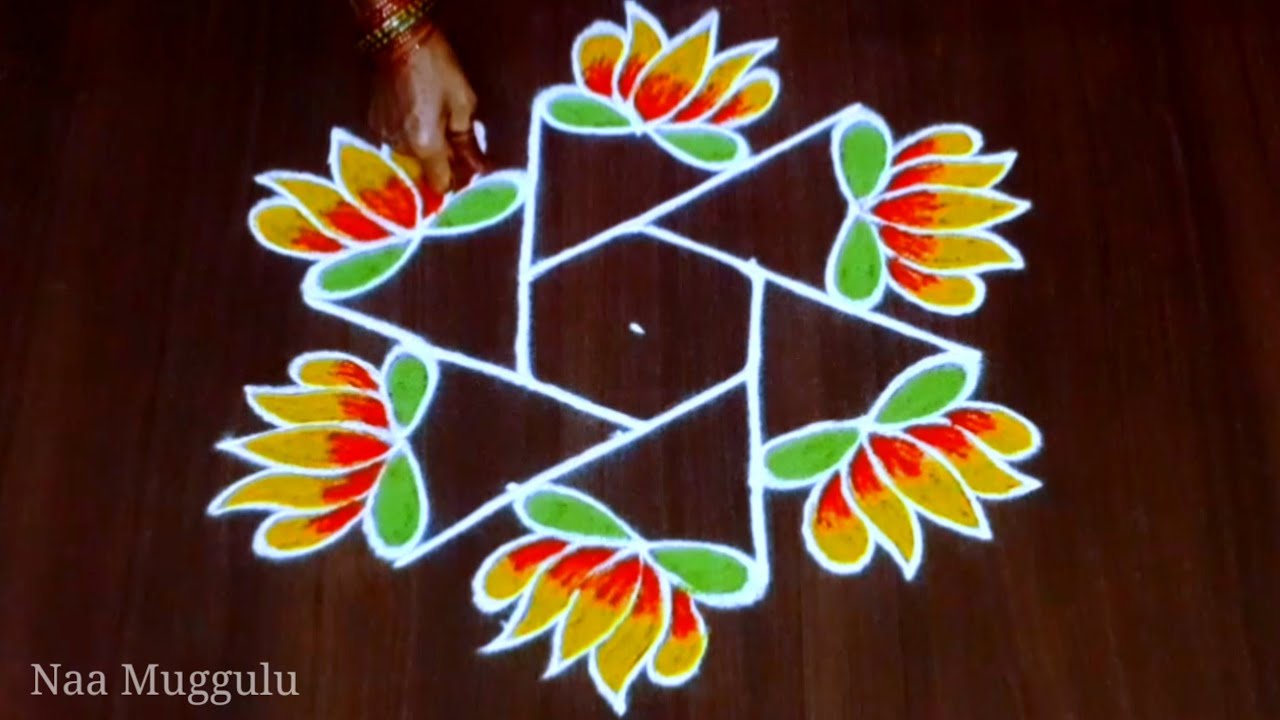 Beautiful Lotus flower rangoli design  Creative chukkala muggulu ...