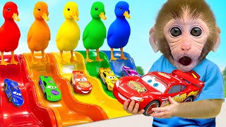 Monkey BonBon plays Hot Wheels cars with the duckling dan lintas lava untuk pergi ke sekolah 🐒🚗🔥
