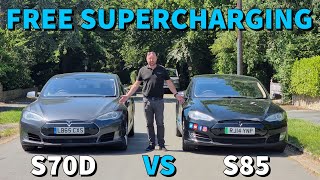 Is an older Tesla still good? Model s70d vs s85 free supercharging range and efficiency test review