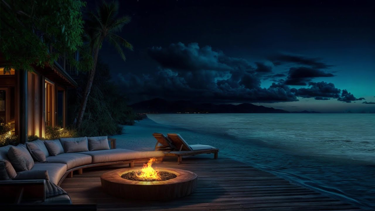 Luxury Beachfront Fire Pit 🌊🔥 | Ocean Waves Night Ambience for Deep Sleep & Relaxation