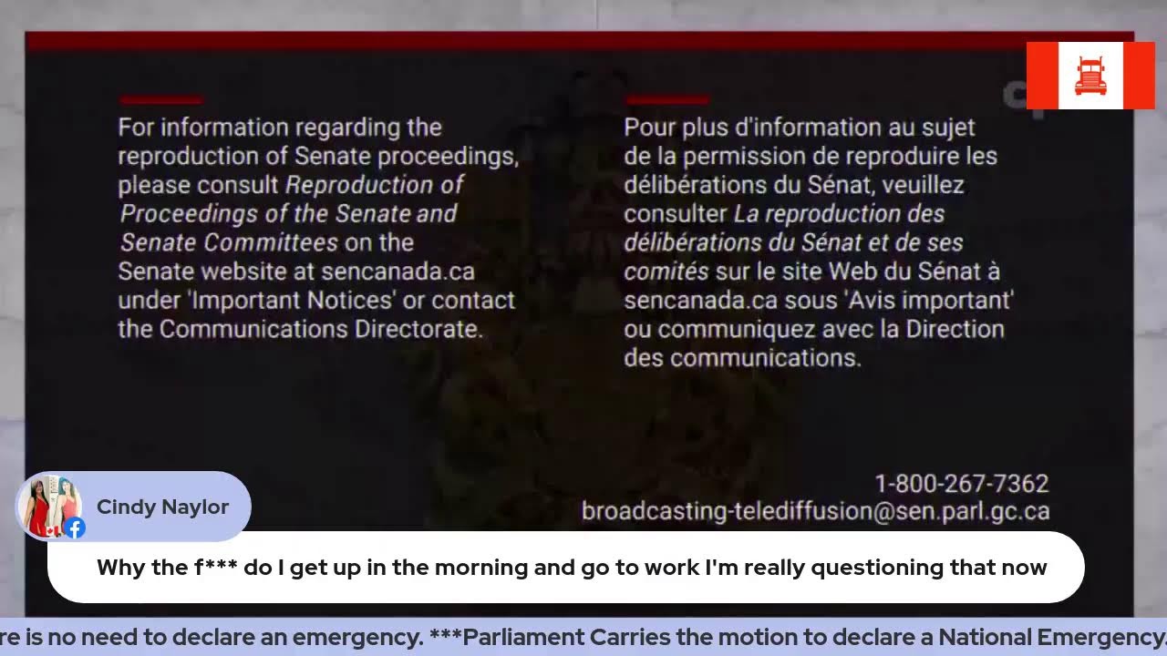 The Senate resumes debate on Parliaments declaration of emergency.