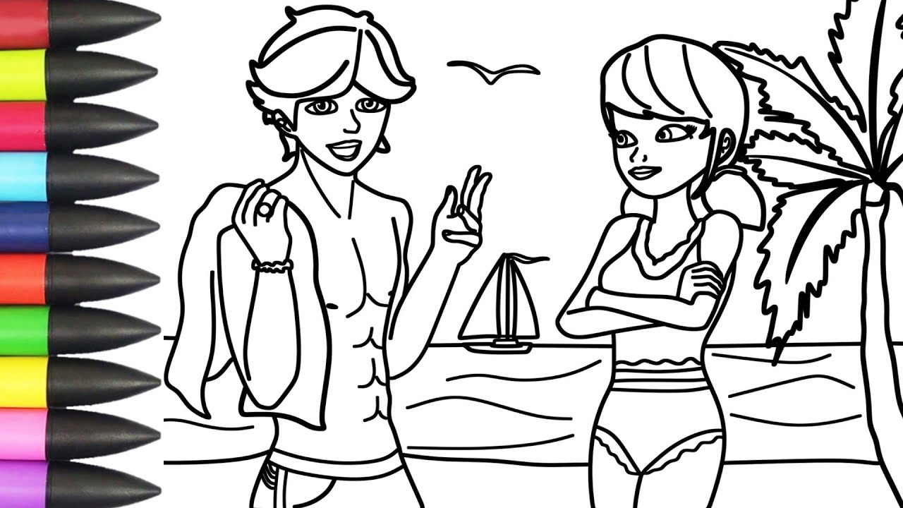 How To Color Marinette and Adrien on the beach | Markers - YouTube
