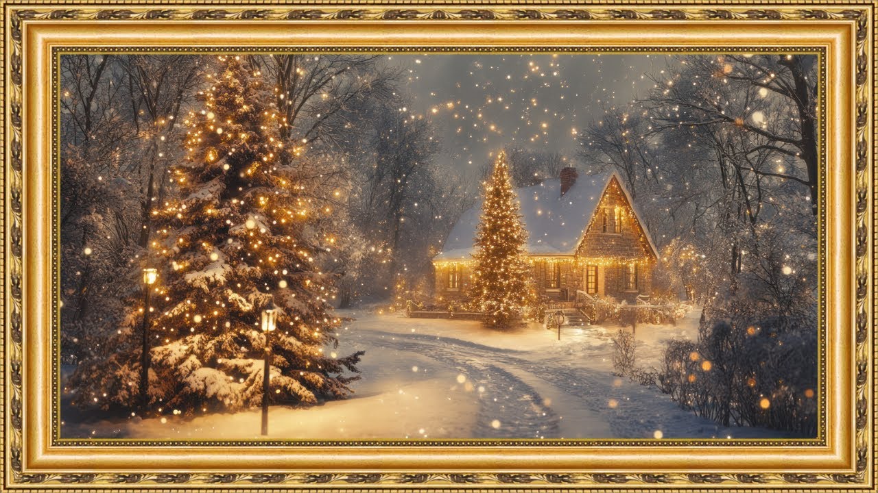 Cozy Christmas Cabin Ambience ❄️🎄 | Warm Lights, Falling Snow & Framed TV Art