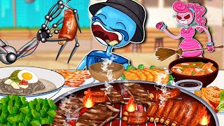 Mukbang Animation BBQ Pork, cold noodles, kimchi Korean Food | Mommy Long Legs Eating Sound