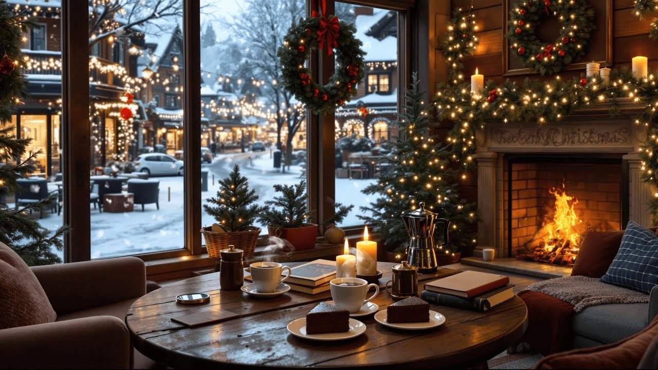 Cozy Winter Coffee Shop Ambience with Warm Jazz Music & Crackling ...