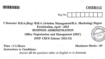 BBA 1st Sem Business Administration Question paper 2023 || Office Organization and Management qp