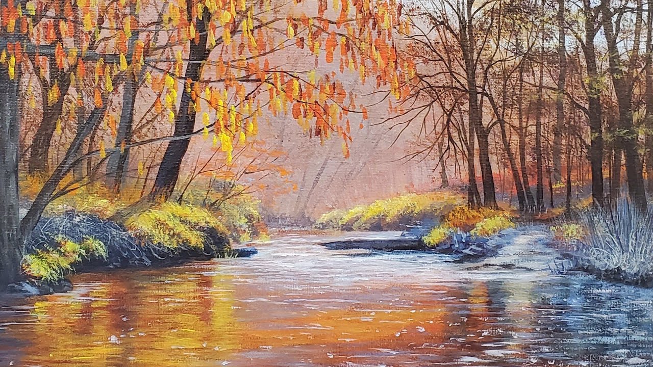 Autumn River Landscape Acrylic Painting Live Tutorial Youtube