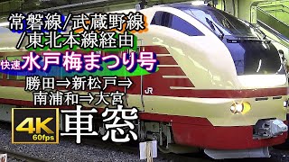 【水戸⇒吉川美南ﾉﾝｽﾄｯﾌﾟ】JR常磐線・武蔵野線直通臨時快速「水戸梅まつり号」　勝田～新松戸～南浦和～大宮　車窓(4K60fps,E653系)