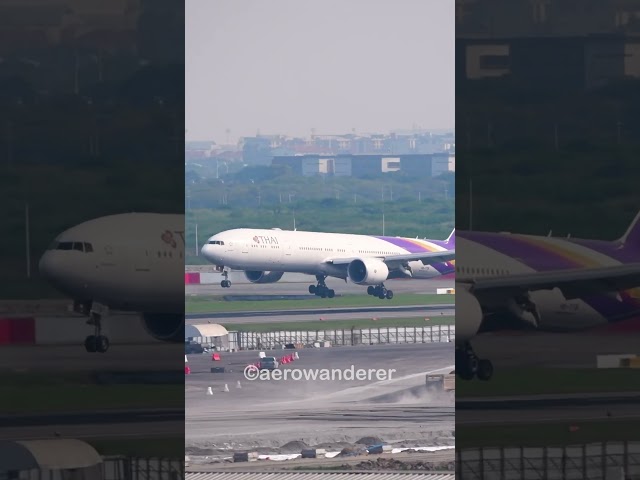 THAI AIRWAYS B777 landing at Bangkok Suvarnabhumi Airport #shorts #youtubeshorts #aviation #b777 class=