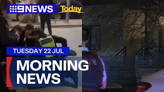Man tasered by police in dramatic takedown; Manhunt underway after home invasion | 9 News Australia