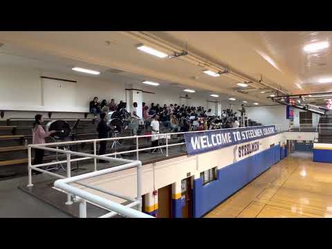 Joliet Central High School Pep Band celebrating a win on Senior Recognition Night, 2-14-23.