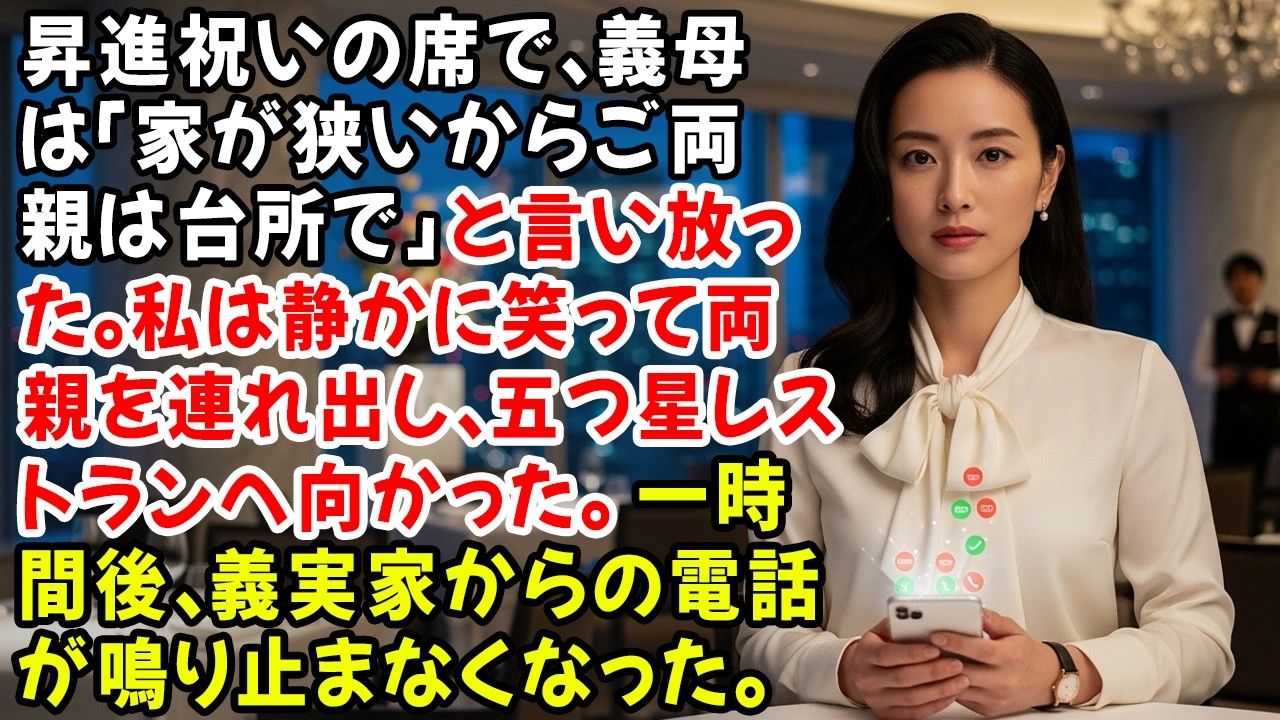 昇進祝いの席で、義母は「家が狭いからご両親は台所で」と言い放った。私は静かに笑って両親を連れ出し、五つ星レストランへ向かった。一時間後、義実家からの電話が鳴り止まなくなった。