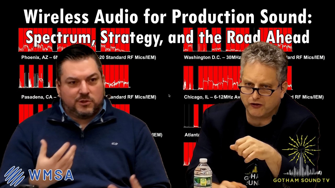Technical presentation on wireless audio spectrum management for production sound, covering FCC repack impacts