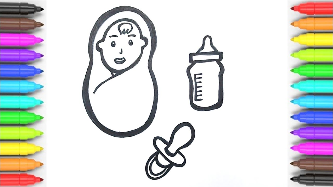 How To Draw A Baby, Feeding bottle🍼 and Pacifier For Kids | Drawing and ...