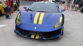 A blue ferrari 488 pista arriving at and leaving protective film
solutions' cars coffee. (august 10, 2019 / santa ana, ca)