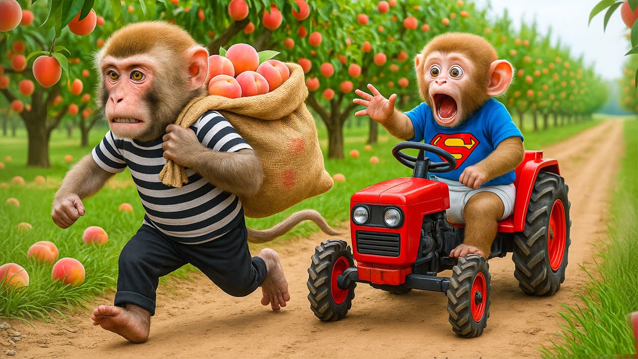 Monkey Kiki Harvests Peaches 🍑 & Outsmarts Sneaky Thief on His Farm! 🐒🚜😱