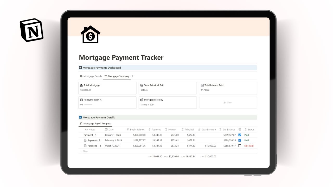 Notion Mortgage Payment Tracker | Complete Overview (Notion Finance ...