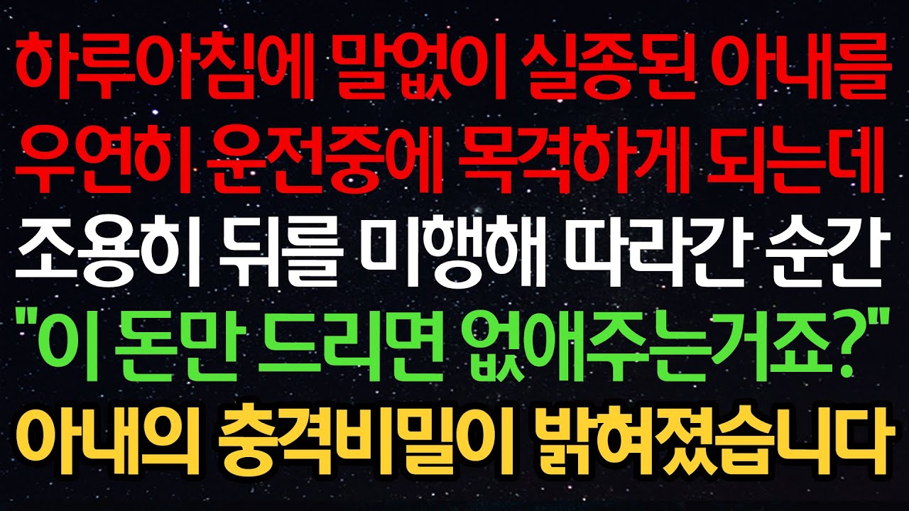 실화사연-하루아침에 말없이 실종된 아내를 우연히 운전중에 목격하게 되는데 조용히 뒤를 미행해 따라간 순간“이 돈만 드리면 없애주는거죠?” 아내의 충격비밀이 밝혀졌습니다