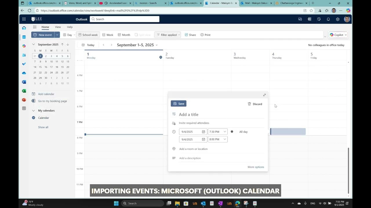 Input "ics" into an Outlook calendar