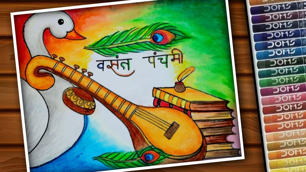 Vasant Panchami drawing | Saraswati puja drawing with oil pastel - Rang  Canvas | Art drawings for kids, Book art diy, Oil pastel drawings easy