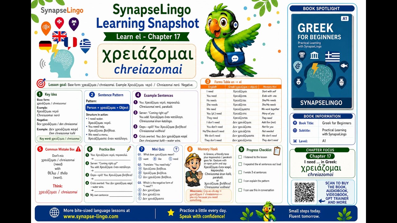 el learn A1 Book 1 Ch.17: χρειάζομαι | simple everyday use - YouTube
