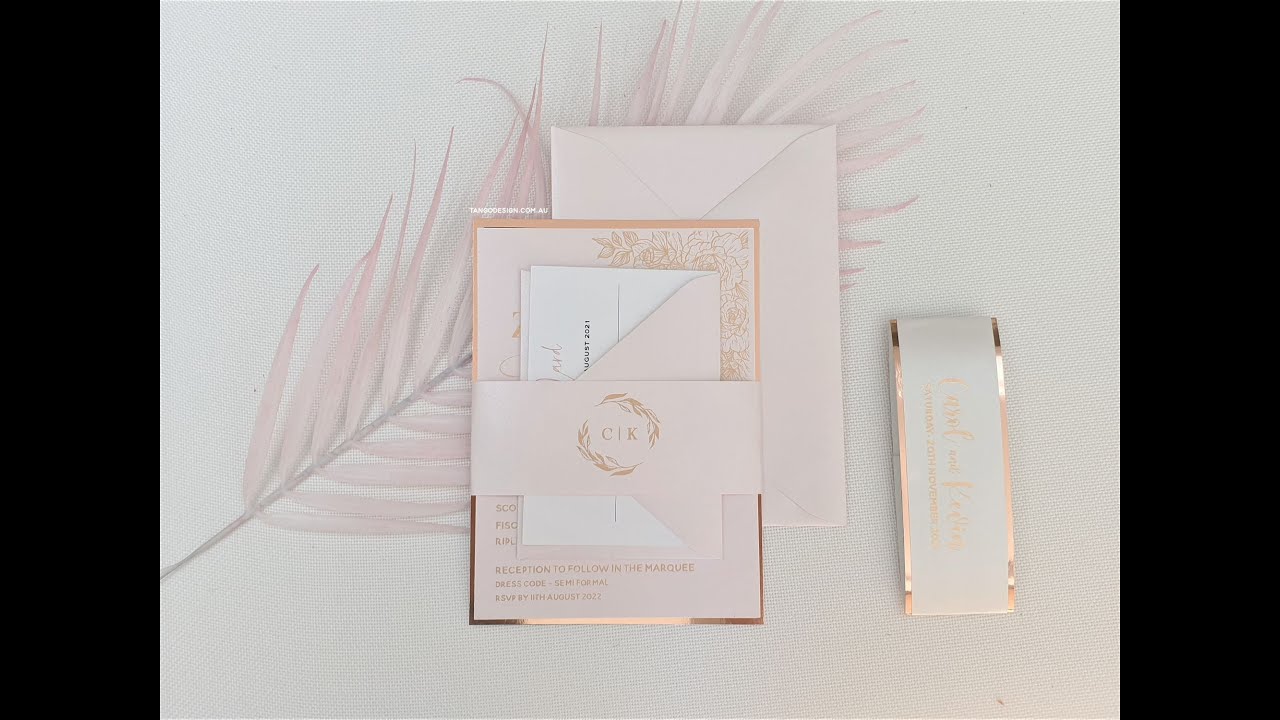 Gold and rose gold FOIL wedding invitation set + botanical wreath in rose gold cards and envelopes.