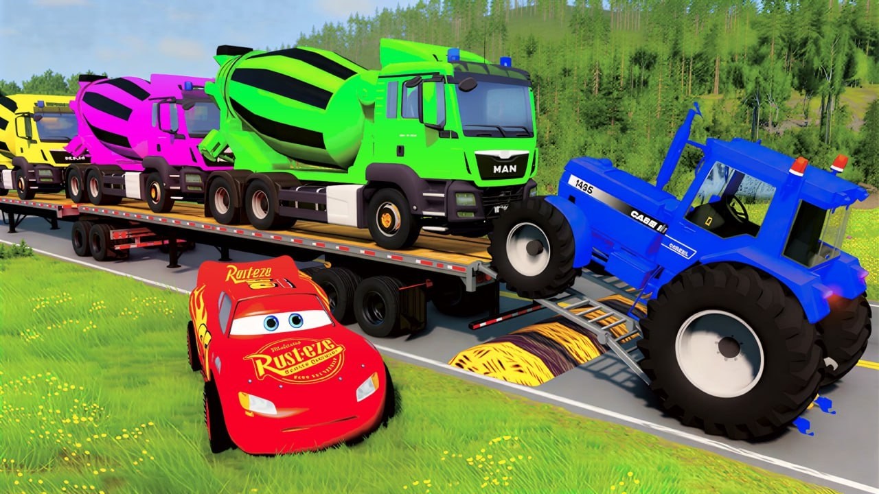 TRANSPORTING PIXAR CARS & FRUITS WITH COLORED & JOHN DEERE vs CLAAS vs TRACTORS - BeamNG.drive