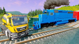 Funny cars vs stairs and flatbed trailer truck transporting car with truck rescue bus train - BeamNG