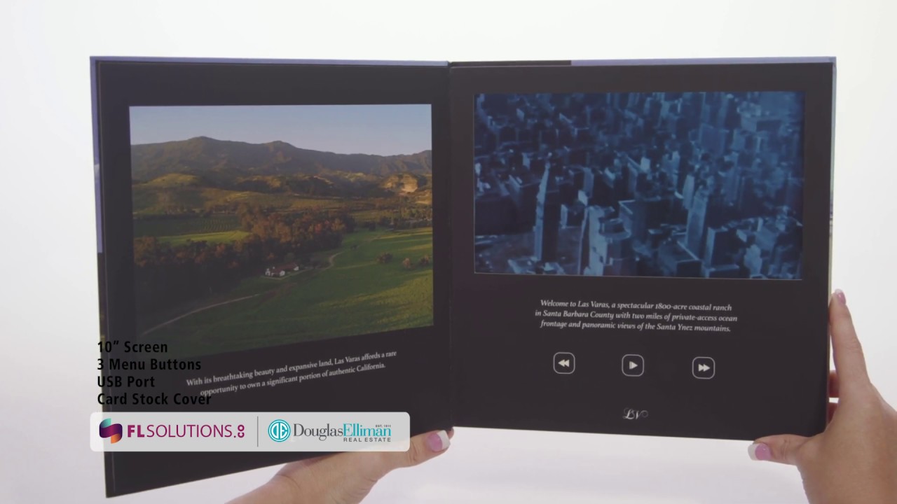 Video Folder Marketing: 10" Screen, 3 Menu Buttons - Product Example: Douglas Elliman
