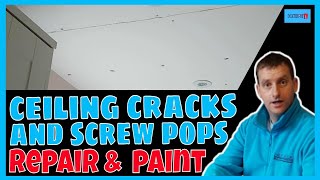 prep & paint a ceiling with cracks & screw pops. Ceiling cracks & screw pops.