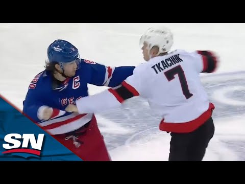 Senators and Rangers Captains Square Up As Brady Tkachuk and Jacob Trouba Drop Gloves