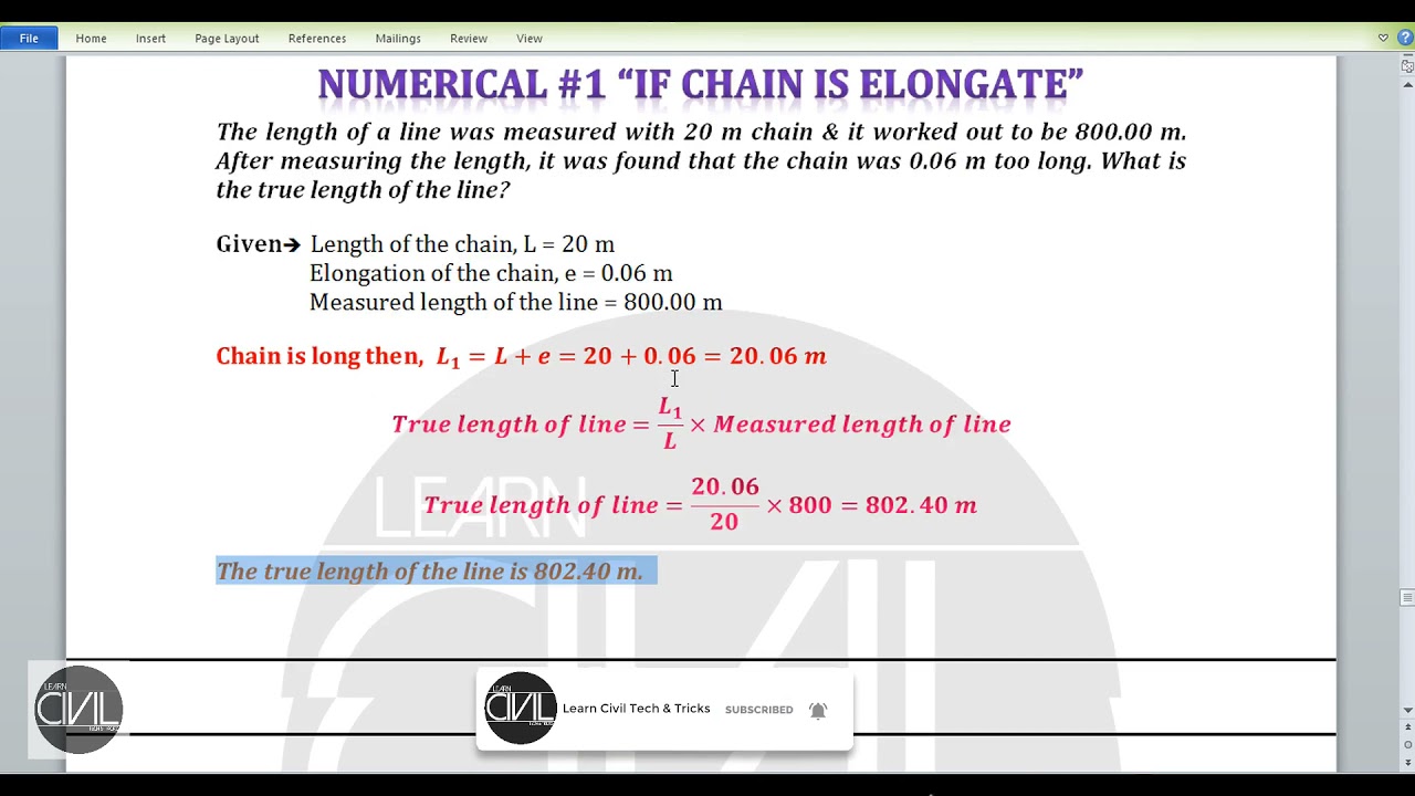 True Length Calculation of chain in surveying when chain short & long