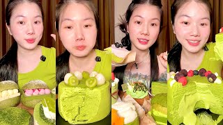 Eating Matcha Mille Crepe, Green Tea Layer Cake & Matcha Cream Cake ASMR Mukbang | Soft Sweet Eating