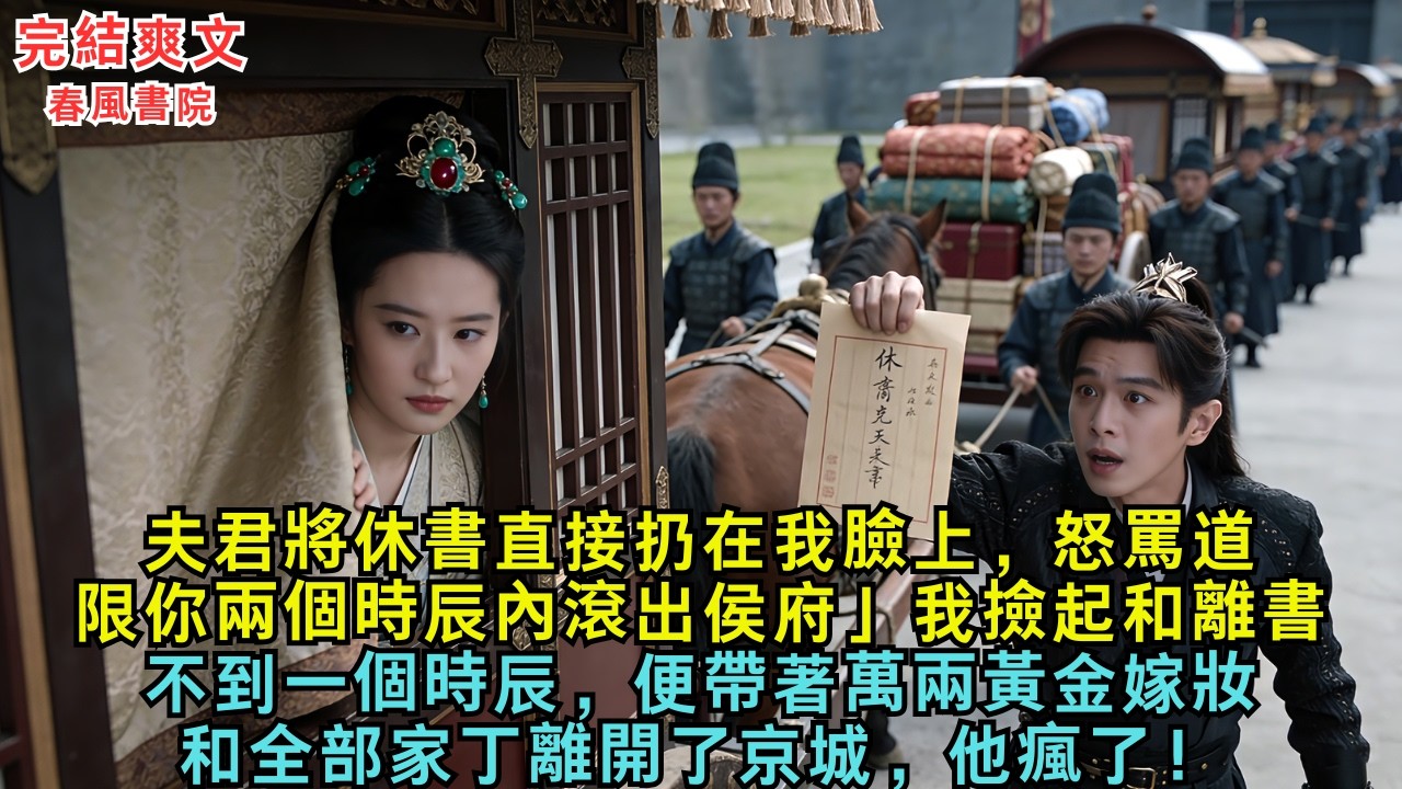 夫君將休書直接扔在我臉上，怒罵道：限你兩個時辰內滾出侯府。」我撿起和離書不到一個時辰，便帶著萬兩黃金嫁妝和全部家丁離開了京城，他瘋了！#古言#小說#爽文#故事頻道#完結