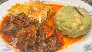 Mukimo / mashed potatoes with pumpkin leaves and maize