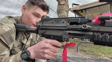 US Army Private First Class (PFC) (E-3) Demonstrates a Function Check on a M249 Machine Gun