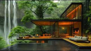 Tranquil Forest Ambience - Warm Jazz Melodies & Waterfall Sounds In Cozy Living Room
