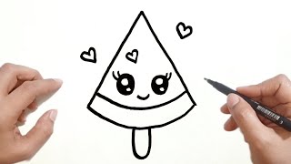 كيف ترسم ايس كريم بطيخ كيوت وسهل خطوة بخطوة / رسم سهل / تعليم الرسم | Cute ice cream drawing