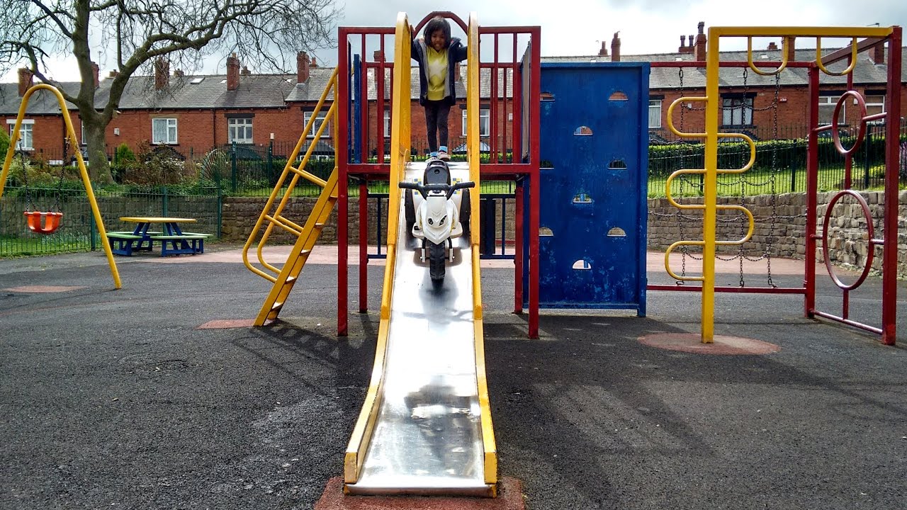 girls like you Little Girl Pushing POLICE RIDE ON MOTORBIKE DOWN HUGE SLIDE ACCIDENT FAIL!! Playground Playtime