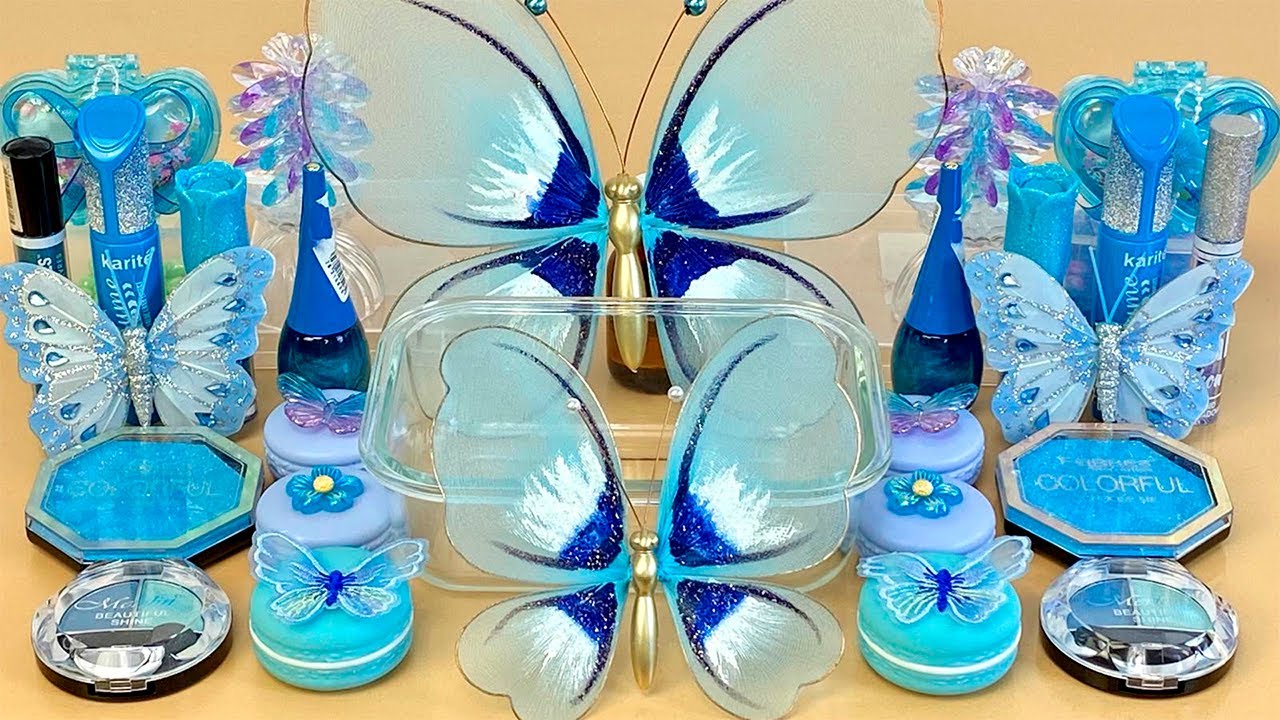 ASMR Slime Mixing ”Blue BUTTERFLY” 💙🦋 makeup, Eyeshadow, glitter into slime. Satisfying slime video.