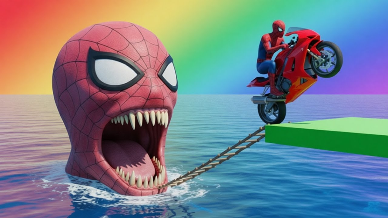 TEAM RIDER vs SPIDERMAN! Beach Mega Ramp Racing Challenge (GTA 5 Stunts)