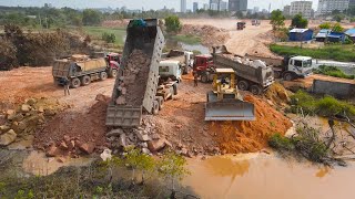 Really Excellent! Driver Bulldozer , Dump Truck  in Operation Push, Moving Stone Filling into Water