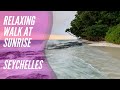 Relaxing walk at sunrise 4K, Seychelles, beach hotel Hilton Labriz Resort island Silhouette