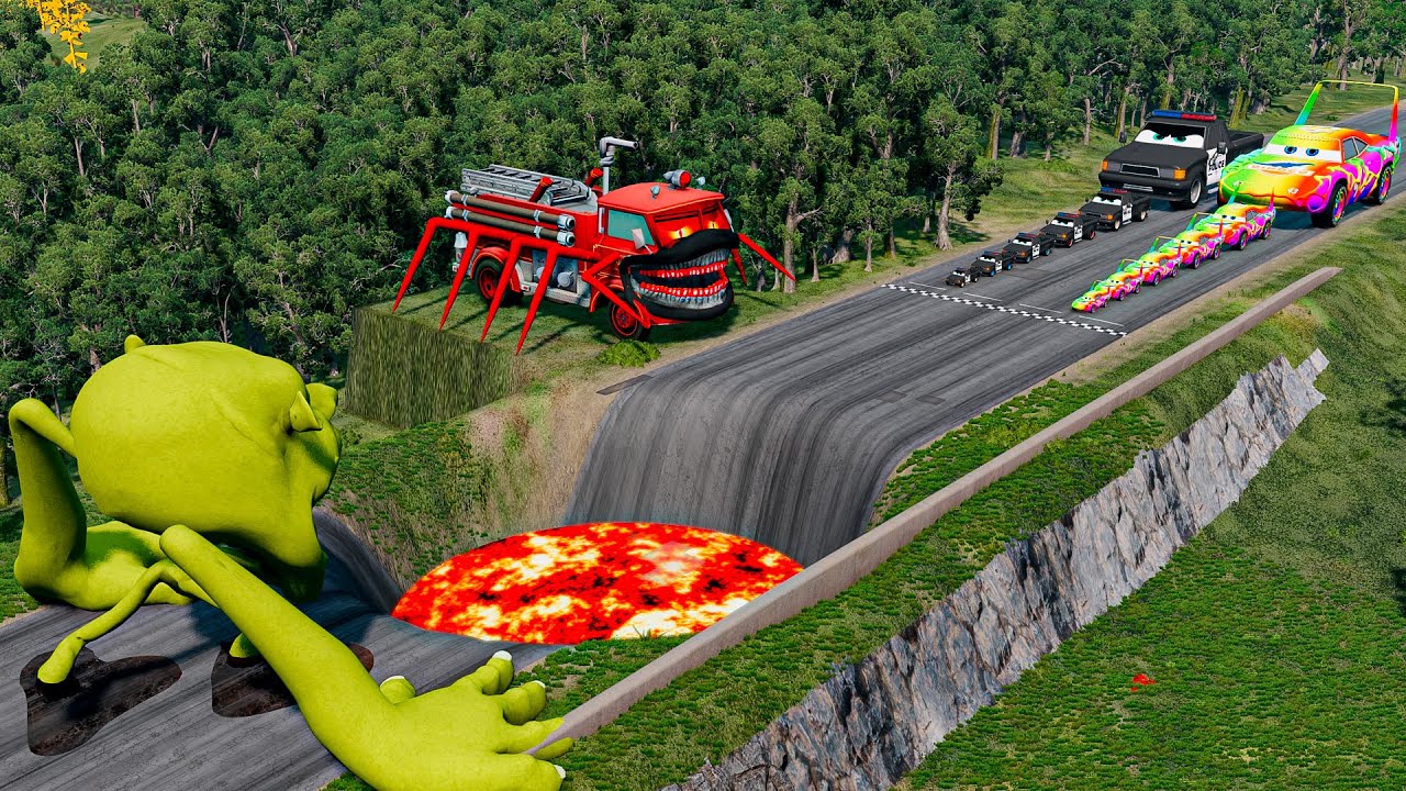 Big & Small Dinoco vs Police Cars & Zombie vs Shrek – BeamNG.drive