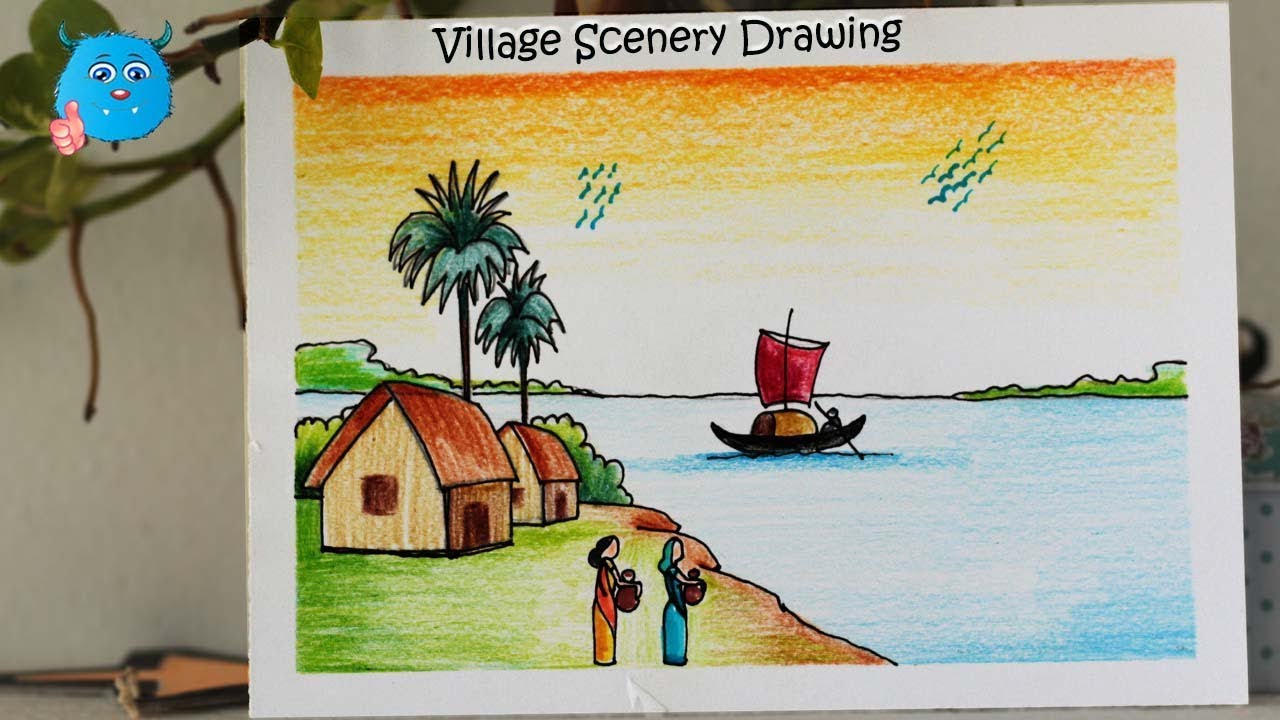 How to Draw Scenery of Village River Very Easy Drawing for Kids ...