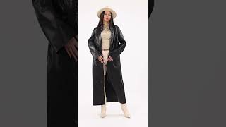 Women’s Black Leather Trench Coat | 120 cm Premium Stand Collar | bymarkimarki.com #fashion
