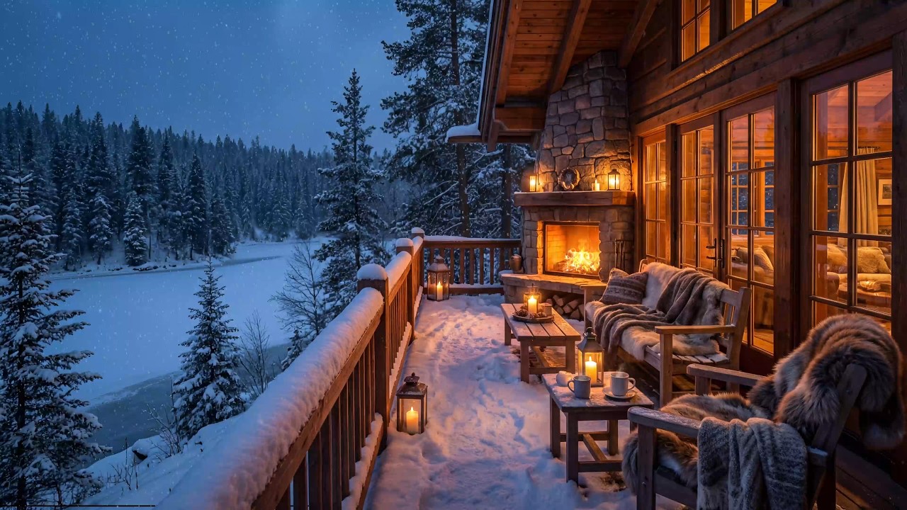 Relaxing Winter Jazz ❄️ Forest Cozy Terrace Ambience by the Fireplace for Study, Focus and Sleep